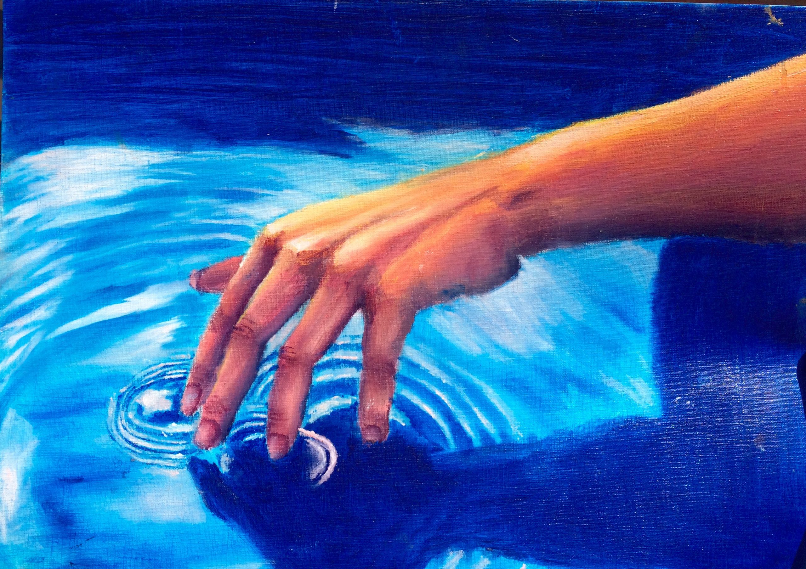 Oil painting of hand touching a pool of water