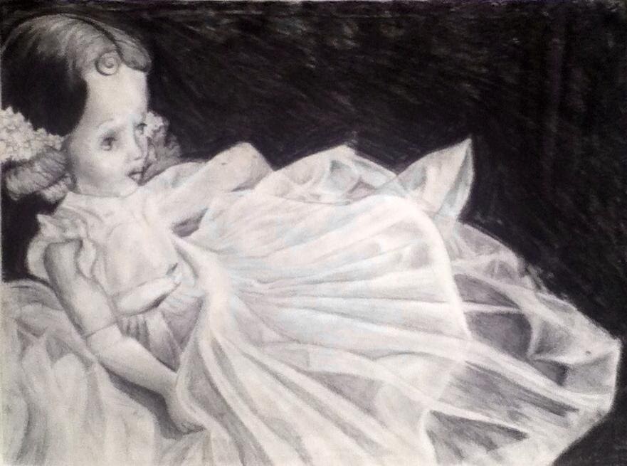 Pencil drawing of a doll in a transparent wedding gown
