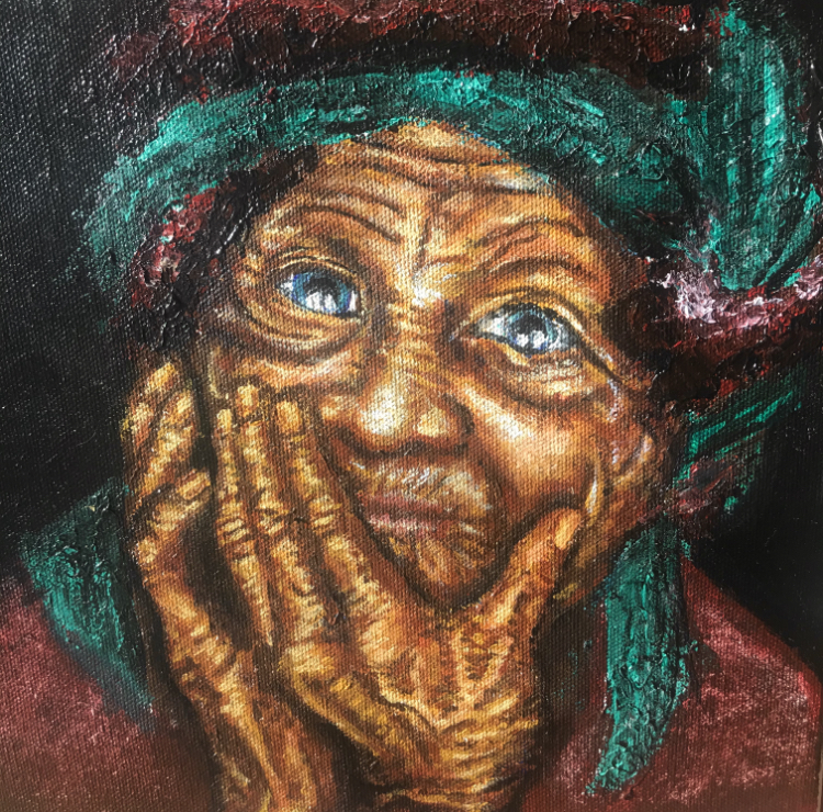 Oil painting of an elderly person with a colorful headscarf