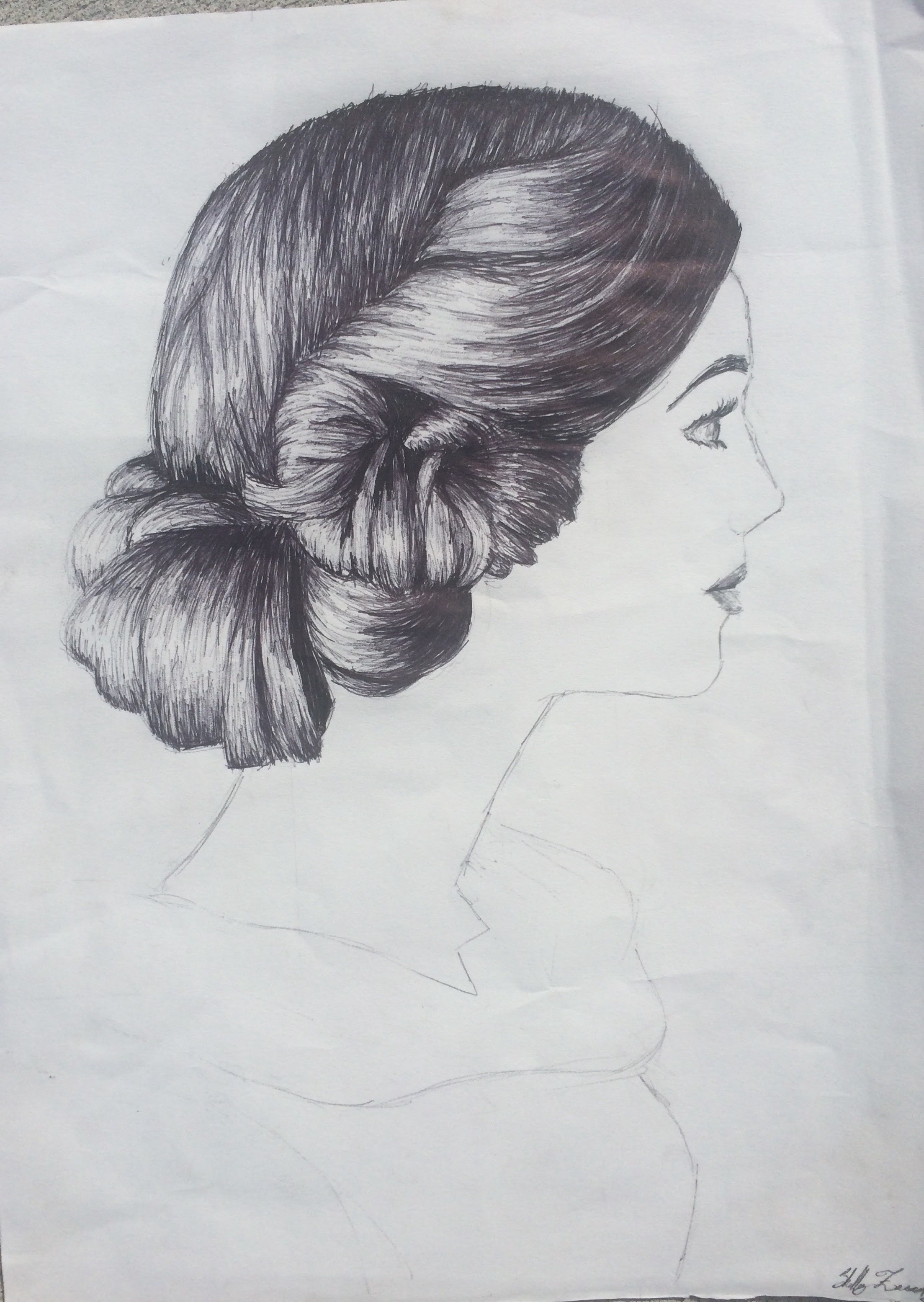Pen drawing of a complex hairstyle