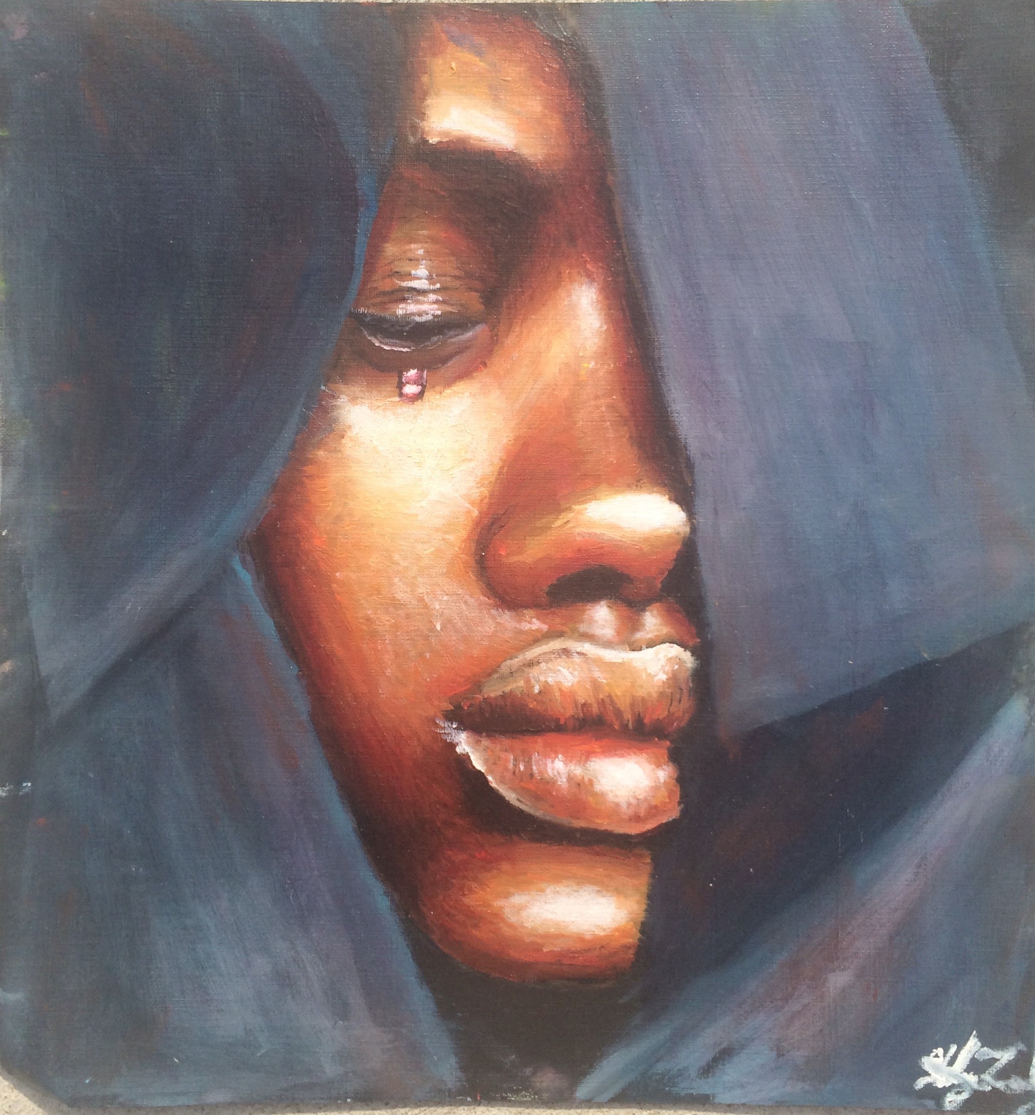 Oil painting of a crying face